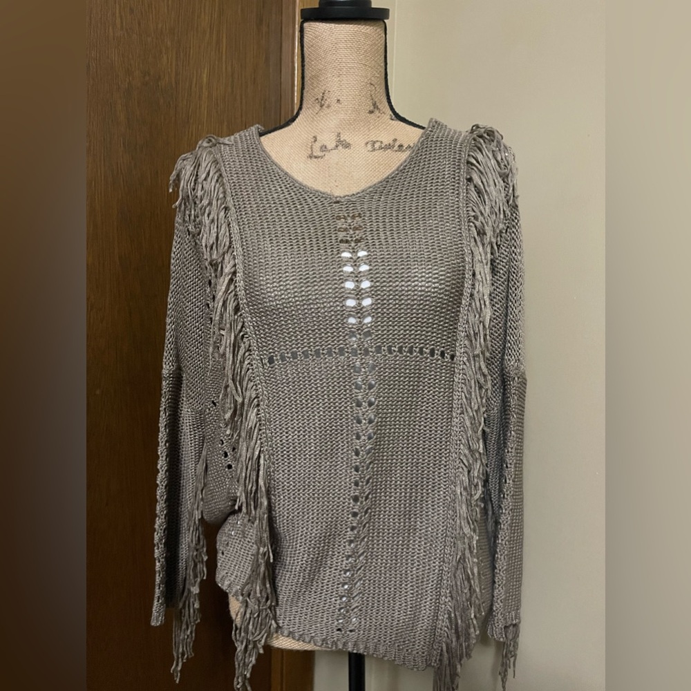 LIRA Women's Brown Fringe Accent Knit Oversized Boho Sweater Size Small